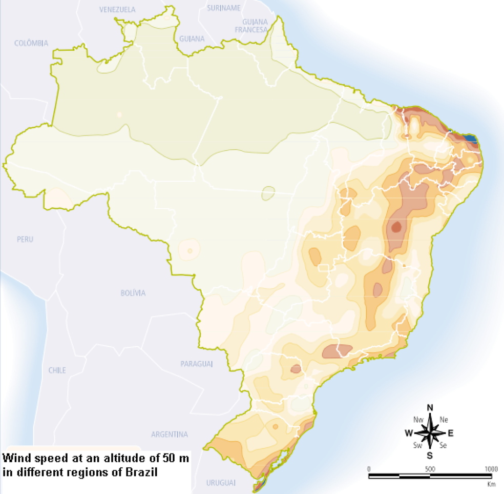 Distribution of wind speed at an altitude of 50 meters in different regions of Brazil (blue indicates the highest wind speed, white - the lowest) Distribution of wind speed at an altitude of 50 meters in different regions of Brazil (blue indicates the highest wind speed, white - the lowest)